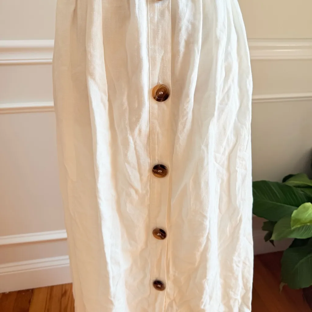 ZARA TRF Spaghetti Strap Wood Button Linen Cotton Midi Dress White Small - Image 3