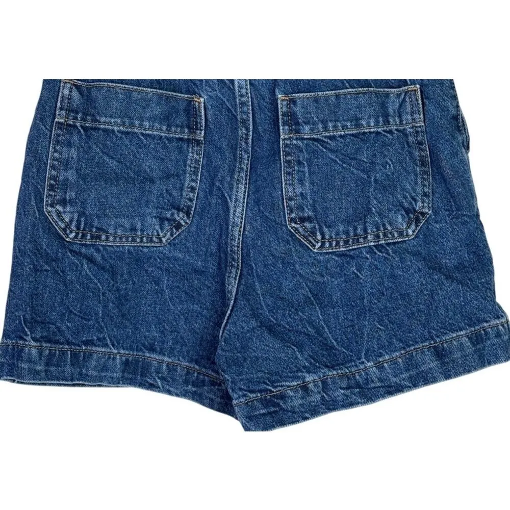 Zara High Waisted Paperbag Pleated Loose Fit Belt Loops Jean Shorts 2 Dark Blue - Image 7