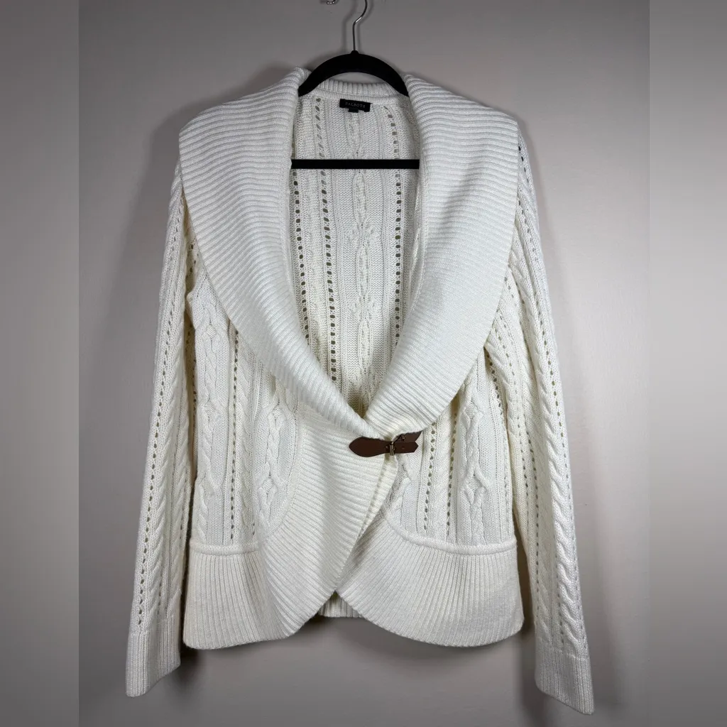 Talbots Chunky Knit Shawl Collar Cable Knit Cardigan Buckle Close Lambswool Sz L - Image 11