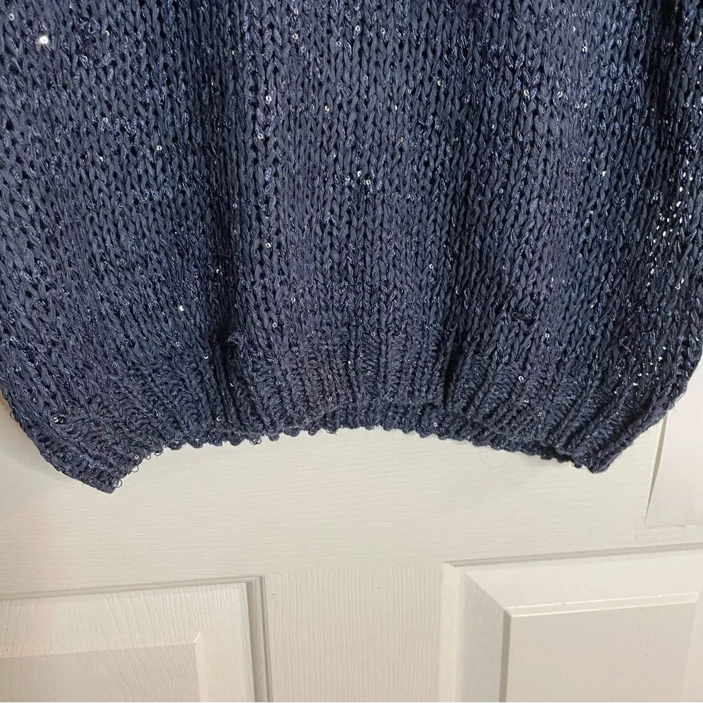 Miracle Navy Boat Neck Sweater w/ Metallic Accents & Ribbon Tie in Back Size M/L Blue - Image 3