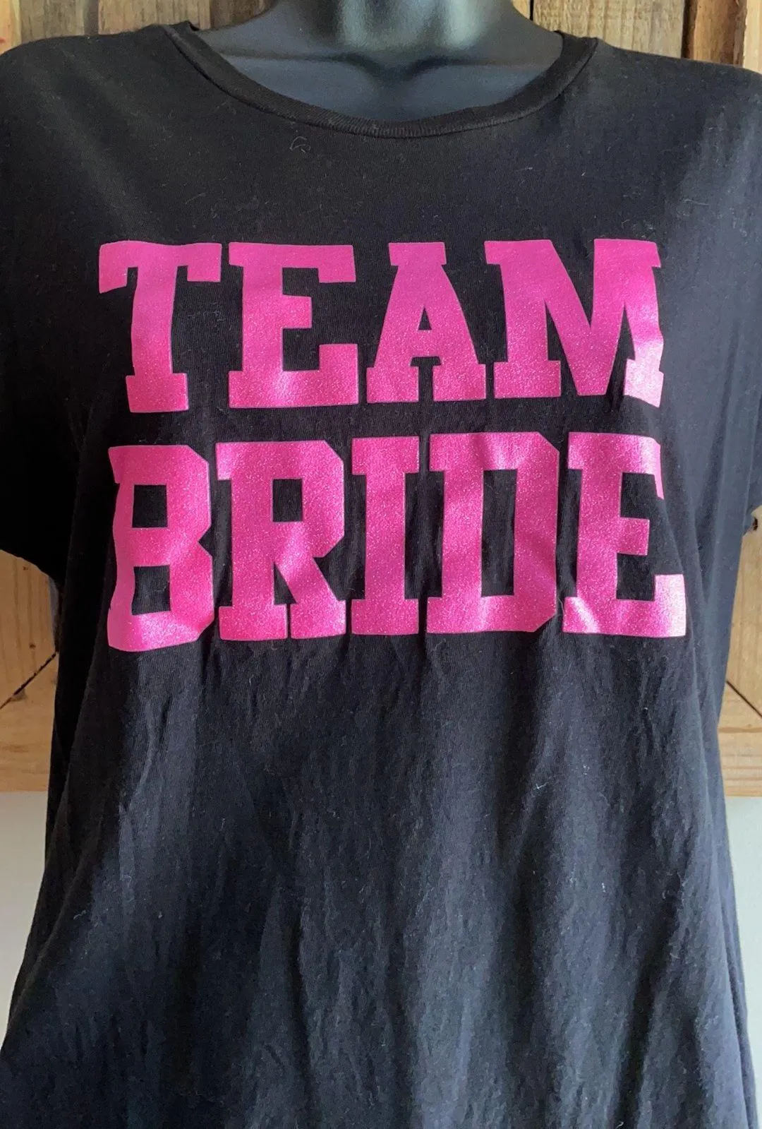 Spencer’s Team Bride Black with Pink Glitter Letters Tshirt Size Large - Image 3