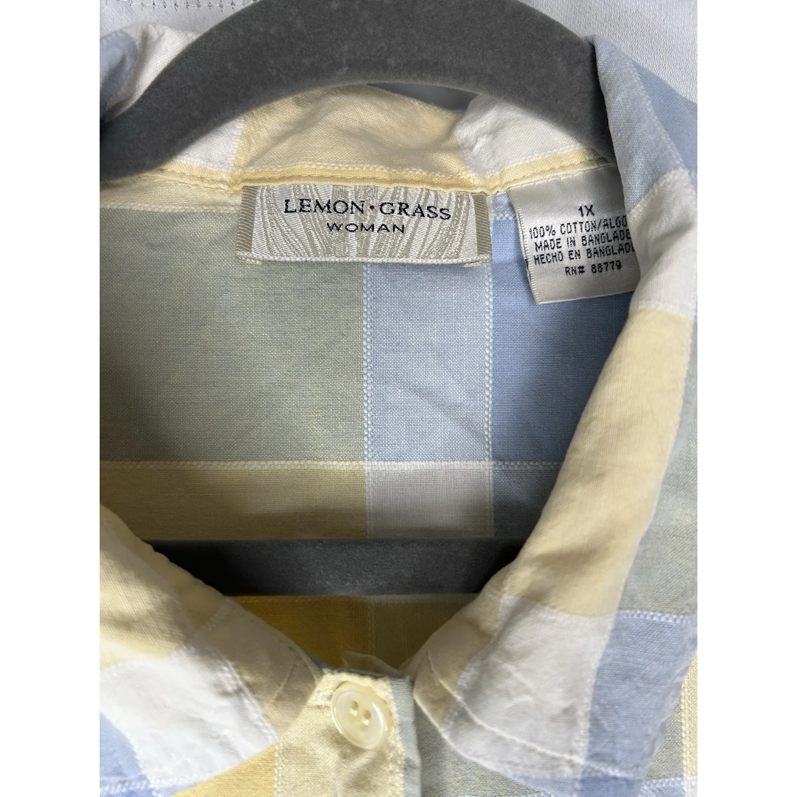 Lemon Grass Women's Size 1X Yellow Blue Plaid Short Sleeve Button - Image 4