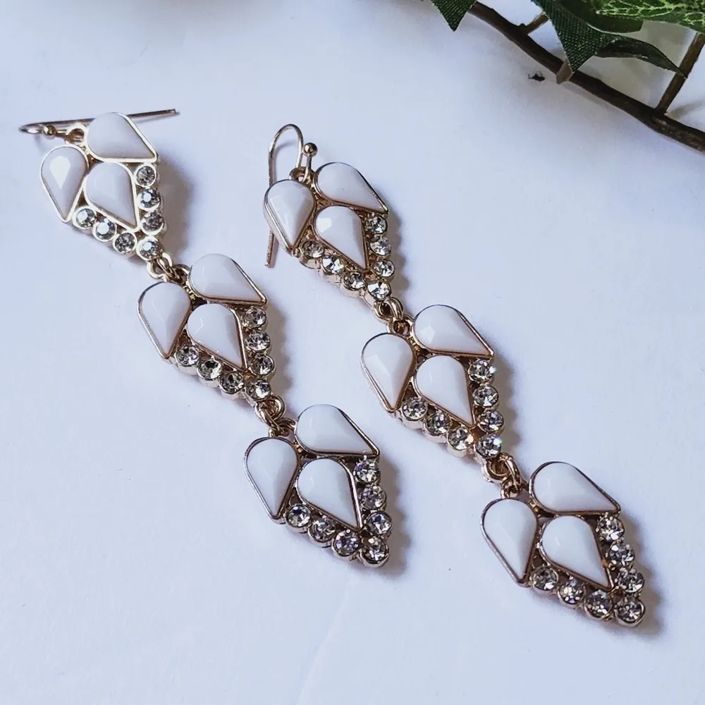 Long Statement White with Crystal Drop Earrings Gold - Image 4