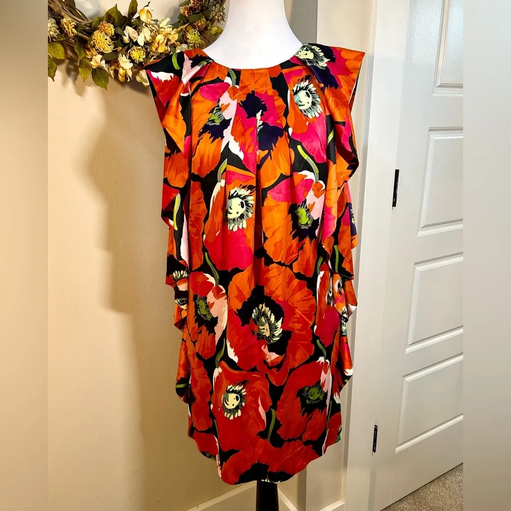 TED BAKER Winx Poppy Print Ruffle Sleeve Shift Exposed Zip Dress  Sz 4/6 - Image 13