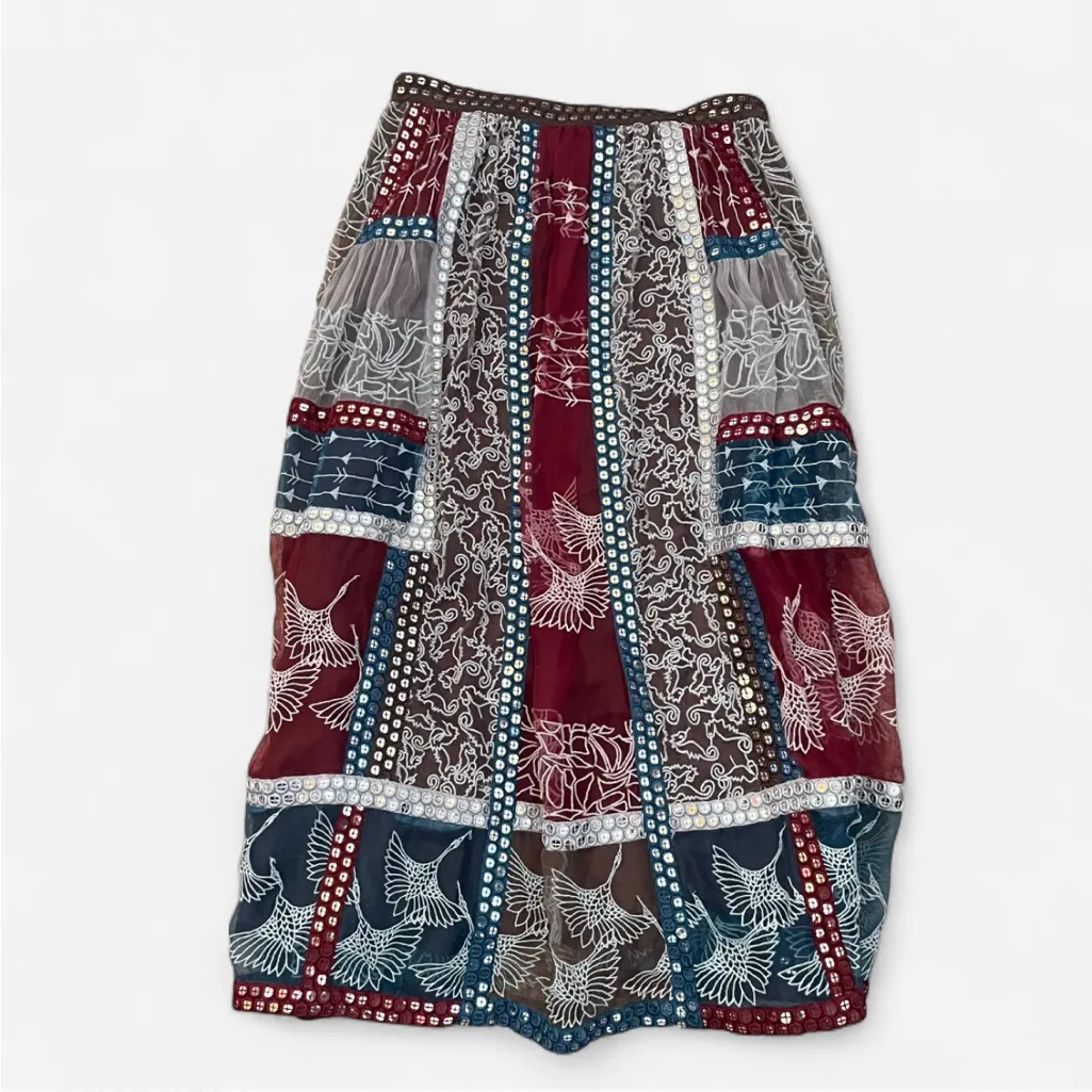 Anthropologie Let Me Be Crane Embroidered 100% Silk Sequin Midi Skirt - Image 6