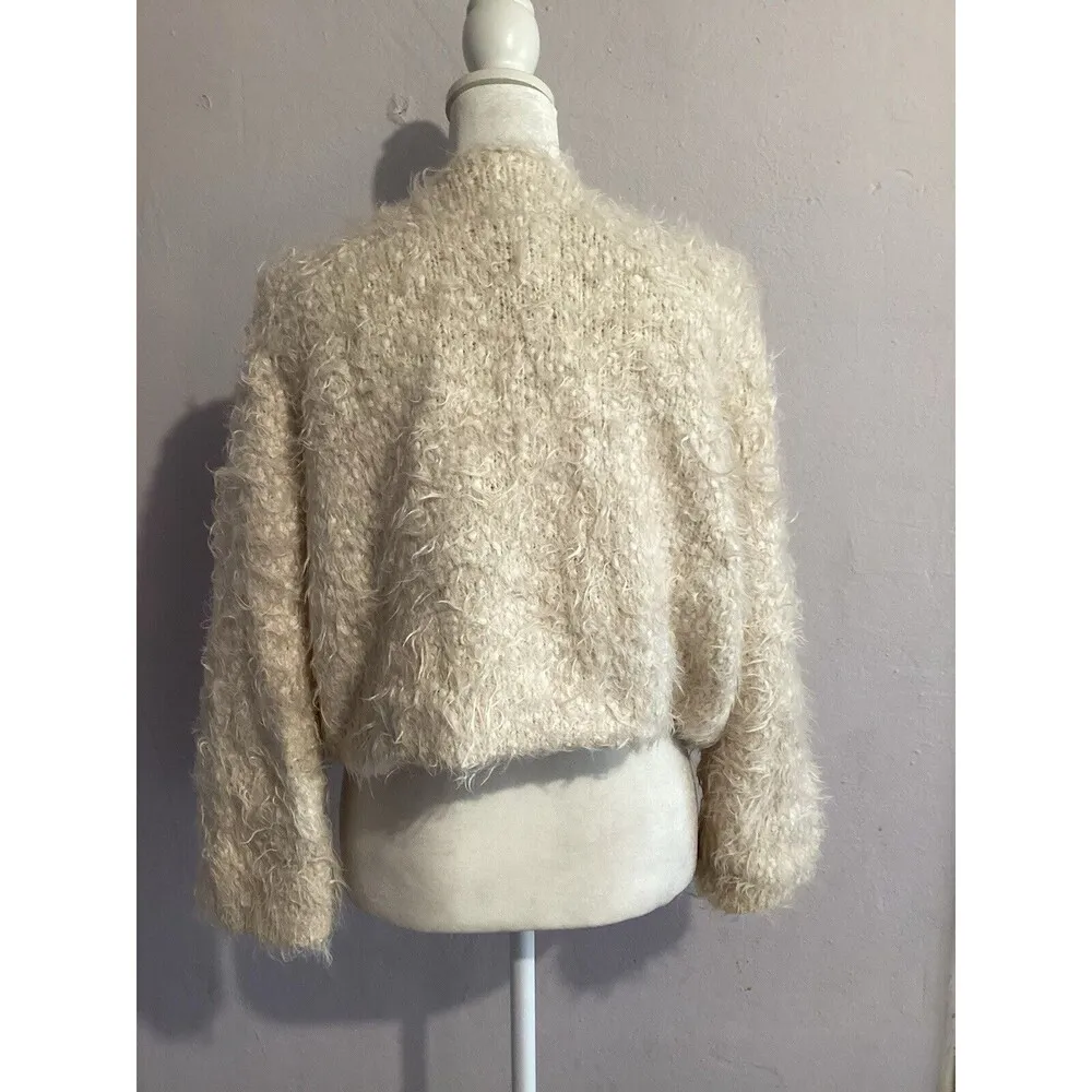 Knitted & Knotted Ivory Faux Fur Furry Open Front Cardigan Wool Cotton Blend M Size M - Image 5