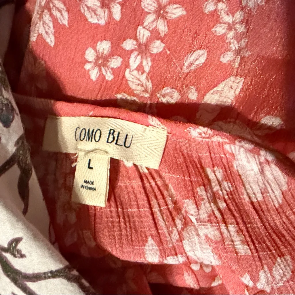 Como Blu Coral Floral Women's Top Long sleeve open design smocked bottom Sz L Pink Size L - Image 7
