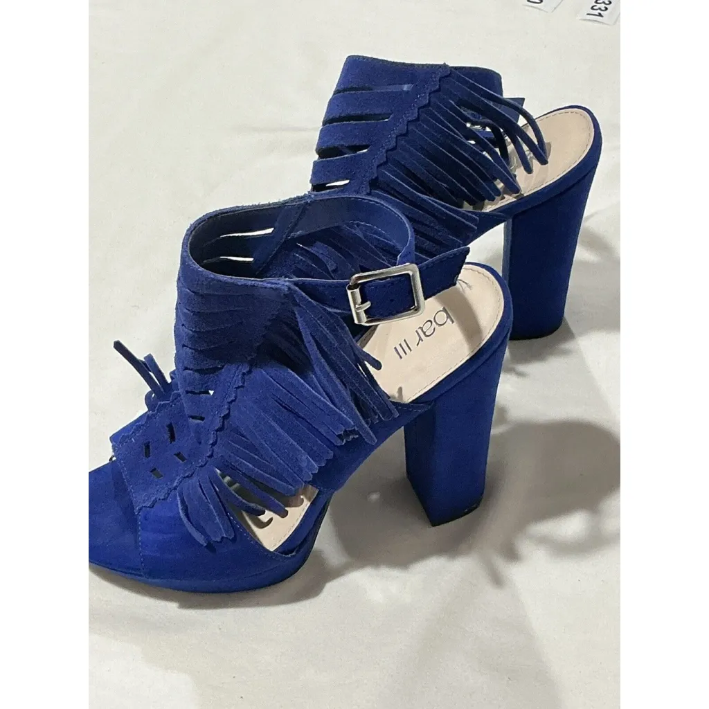 Woman’s Bar111 Size 8 Blue Suede Fringe High Chunky Heel Buckle Close Sandals - Image 3