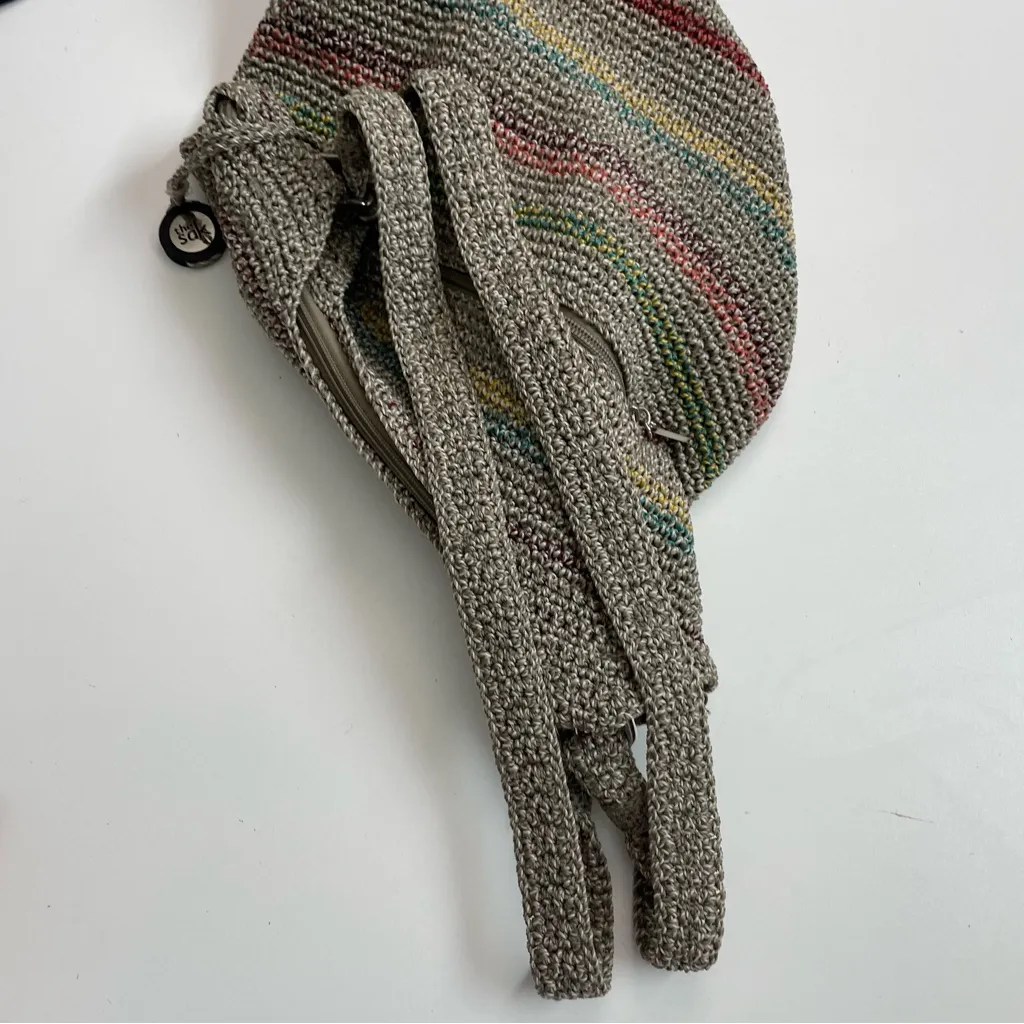 The Sak Purse Tote Belle Crocheted Travel Boho Bohemian Striped Rainbow Beige - Image 8