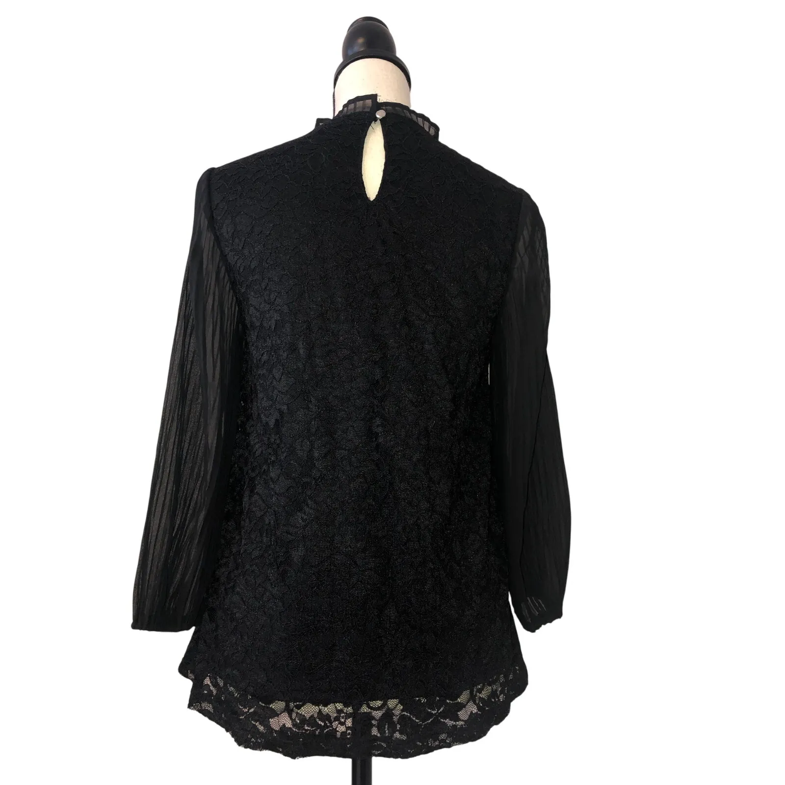 Whimsigoth Lace Top Size S Witchy Sheer Pleated Sleeves High Ruffle Collar NEW - Image 5