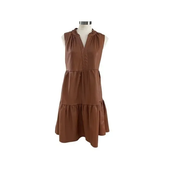 Skies Are Blue Faux Leather Tiered Dress | Cognac Brown | Size Medium - Image 3