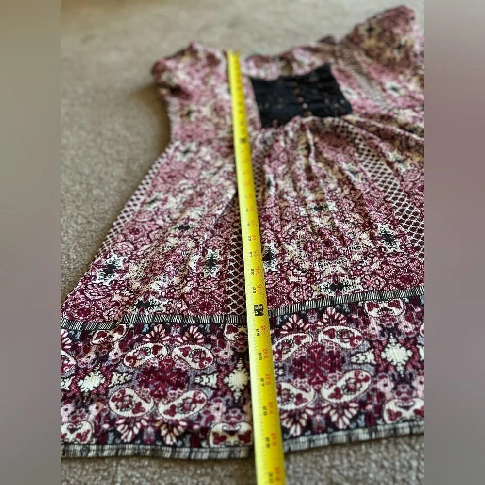 Maurices Women’s Burgundy Bohemian Floral Print 3/4 Sleeve Tie Back Mini Dress M - Image 11