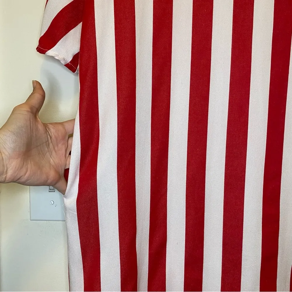 POMANDER PLACE Striped Canaan Short Sleeve Relaxed Caftan Dress Red/White Small Red - Image 9