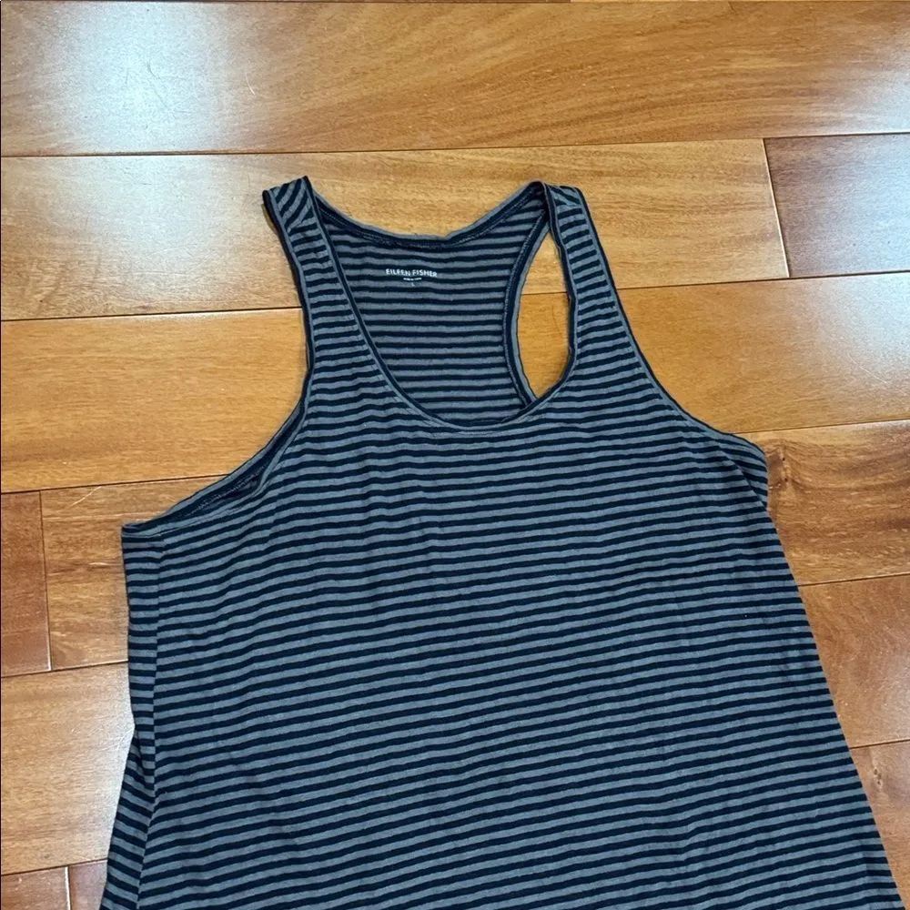 Eileen Fisher Black and Gray Raceback‎ Striped High Low Dress Linen Dress Size L - Image 4