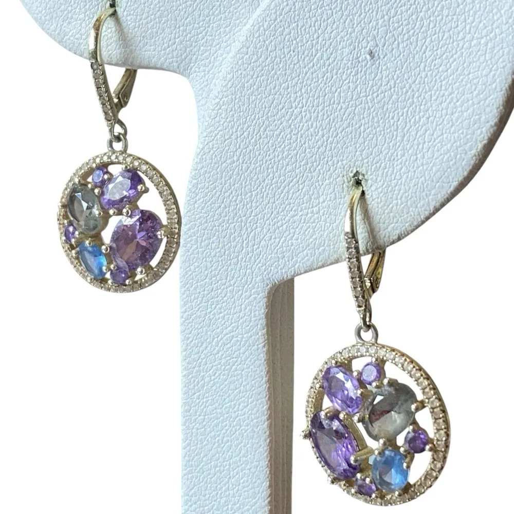 Gold Over Sterling Silver Blue Purple Green Topaz Dangle Elegant Drop Earrings - Image 2