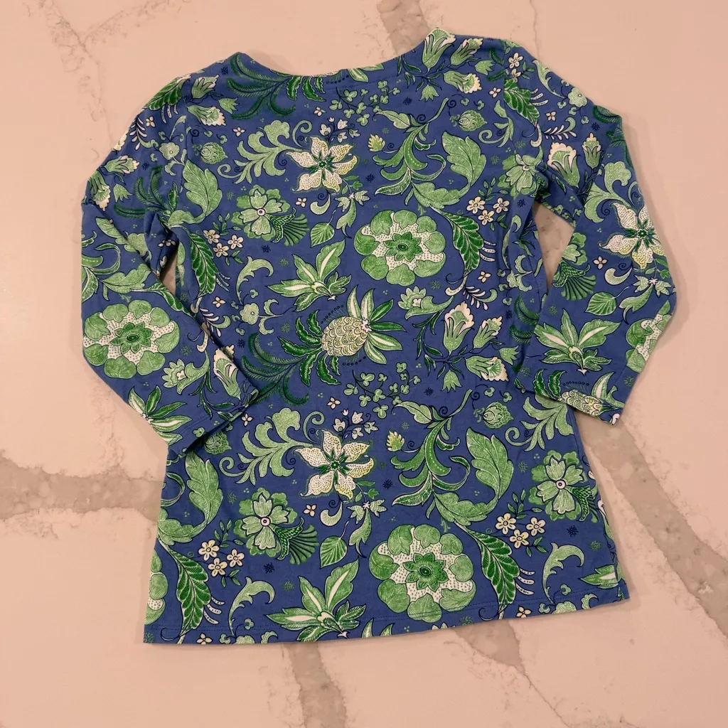 Talbots Tropical Print 3/4 Sleeve V-Neck Blouse Women’s Small Petite Blue/Green - Image 6