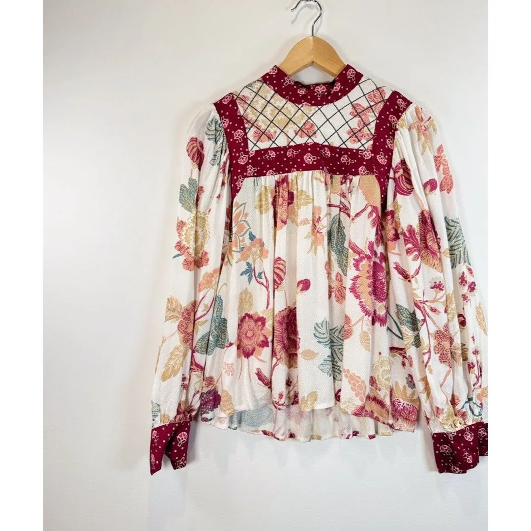 Anthropologie Let Me Be Womens Top Red Quilted Floral Blouse Cottagecore Boho XS - Image 5