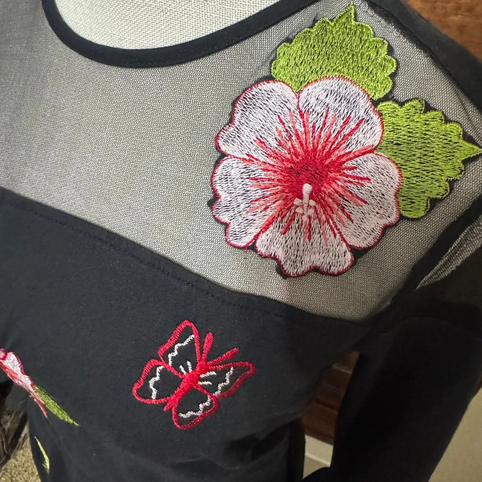 eShakti Black Embroidered Dress Size 0 XS long sleeve mesh floral midi - Image 5