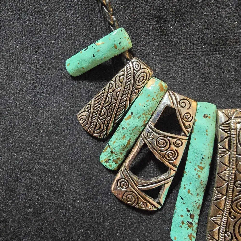 Womens Leather Cord Turquoise Beads & Silver Accent Rectangle Pendant Necklace - Image 5