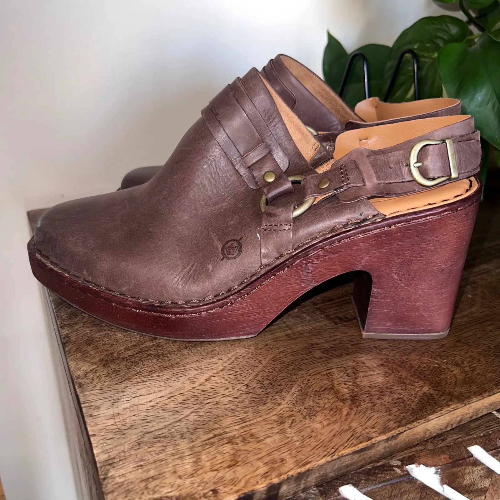 Born Hudson Brown Leather‎ Slingback Clogs Heeled Mules Size 11M Chunky Heel - Image 4