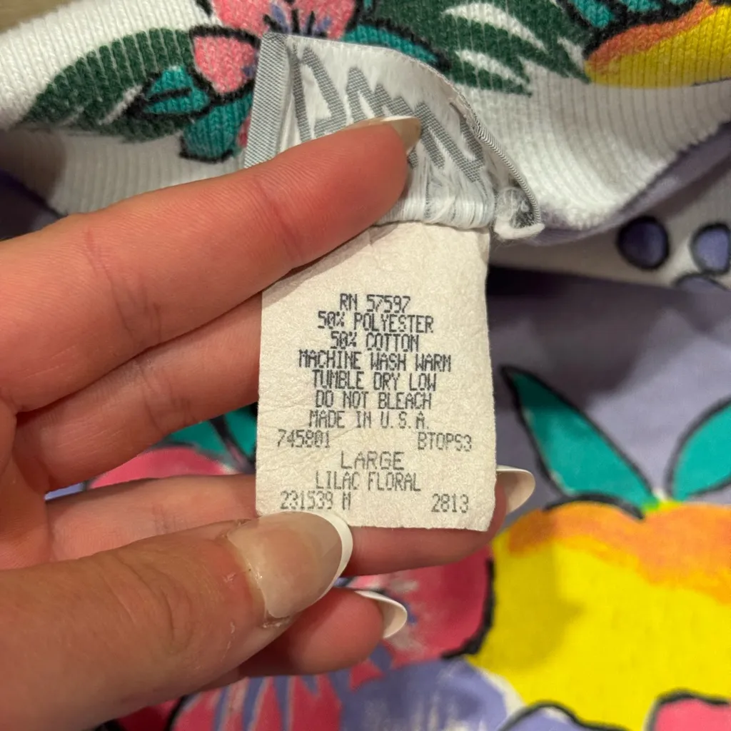 Vintage 80s Blair Floral Polo Sweatshirt Short Sleeves Lilac Purple Size L - Image 3