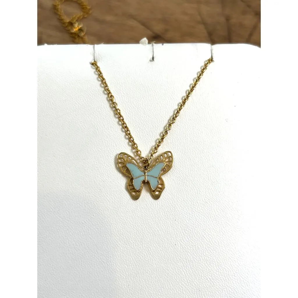 Gold Butterfly Pendant Necklace With Blue Enamel Wings & Adjustable Chain - Image 3
