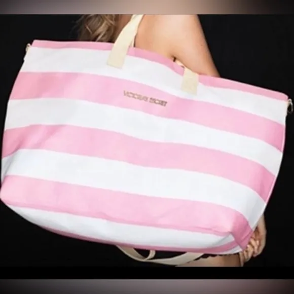 NWOT Victoria’s Secret Canvas Zipper Duffel Bag Pink/Cream Stripes - Image 2