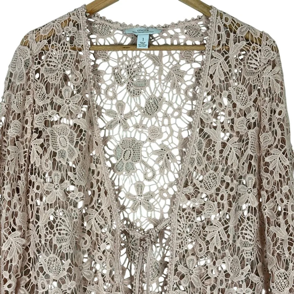 Chico's Cardigan Womens S Pink 100% Cotton Floral Crochet Lace Tie Front Boho - Image 2