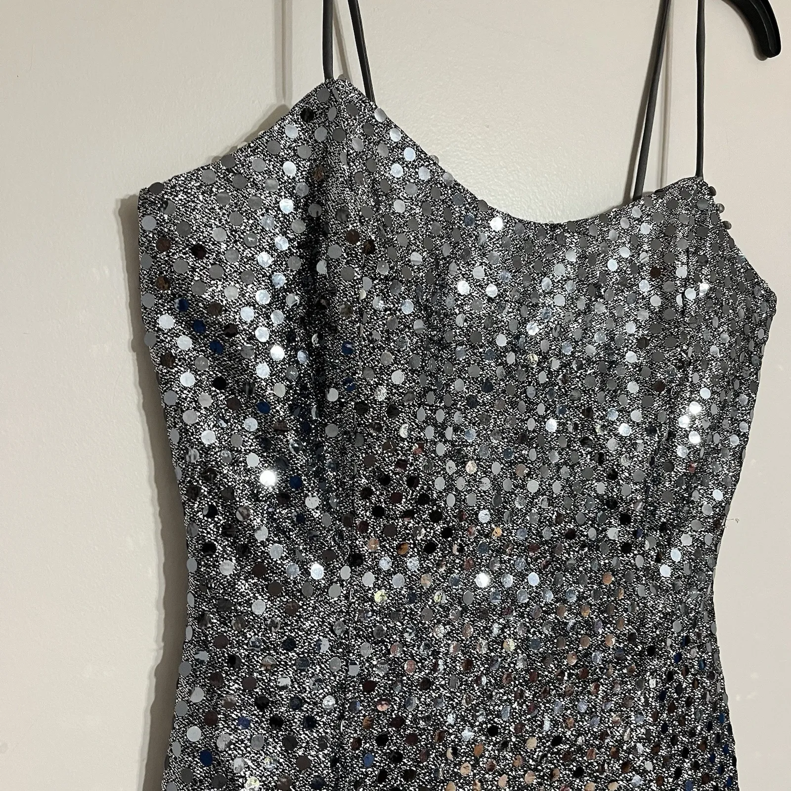 Vintage 90s ET AL Made In USA Sequin Formal Dress Size 10 Silver Side Slit - Image 3