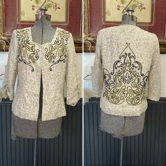 Coldwater Creek Beaded Scroll Embroidered Cream Open Ruched Jacket - Sz 10P 💚🎀 - Image 2