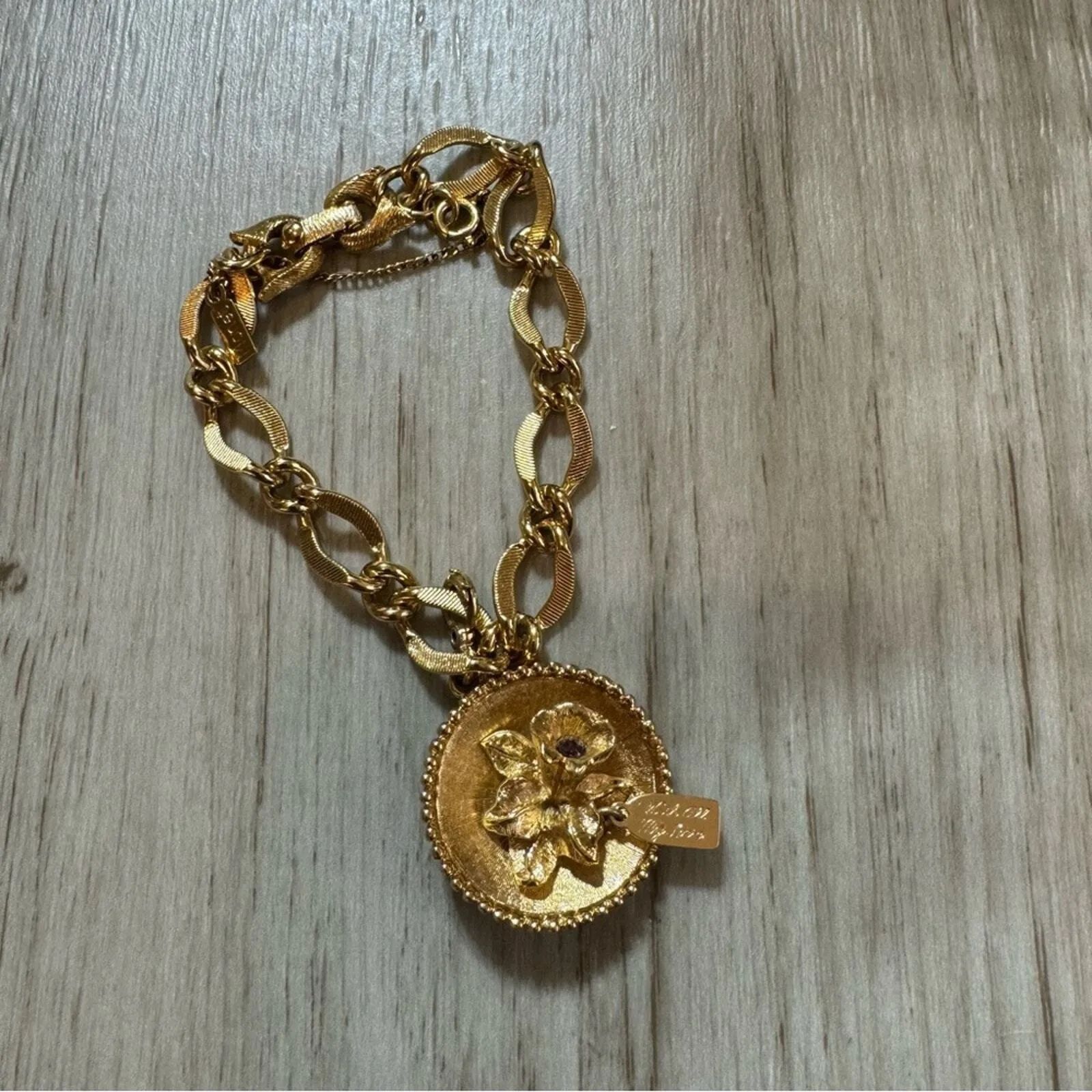 Vintage 1960s Monet All My Love Gold‎ Tone Link and Amethyst Bracelet - Image 9