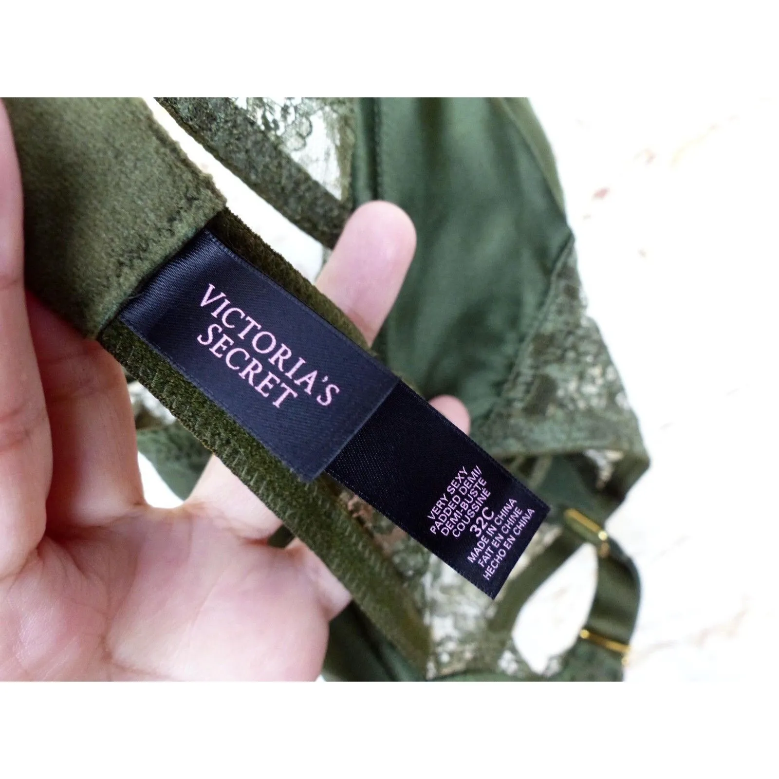 Victoria’s Secret Very Sexy Bustier Demi Bra 32C Olive Green Lace Satin Pin Up - Image 11