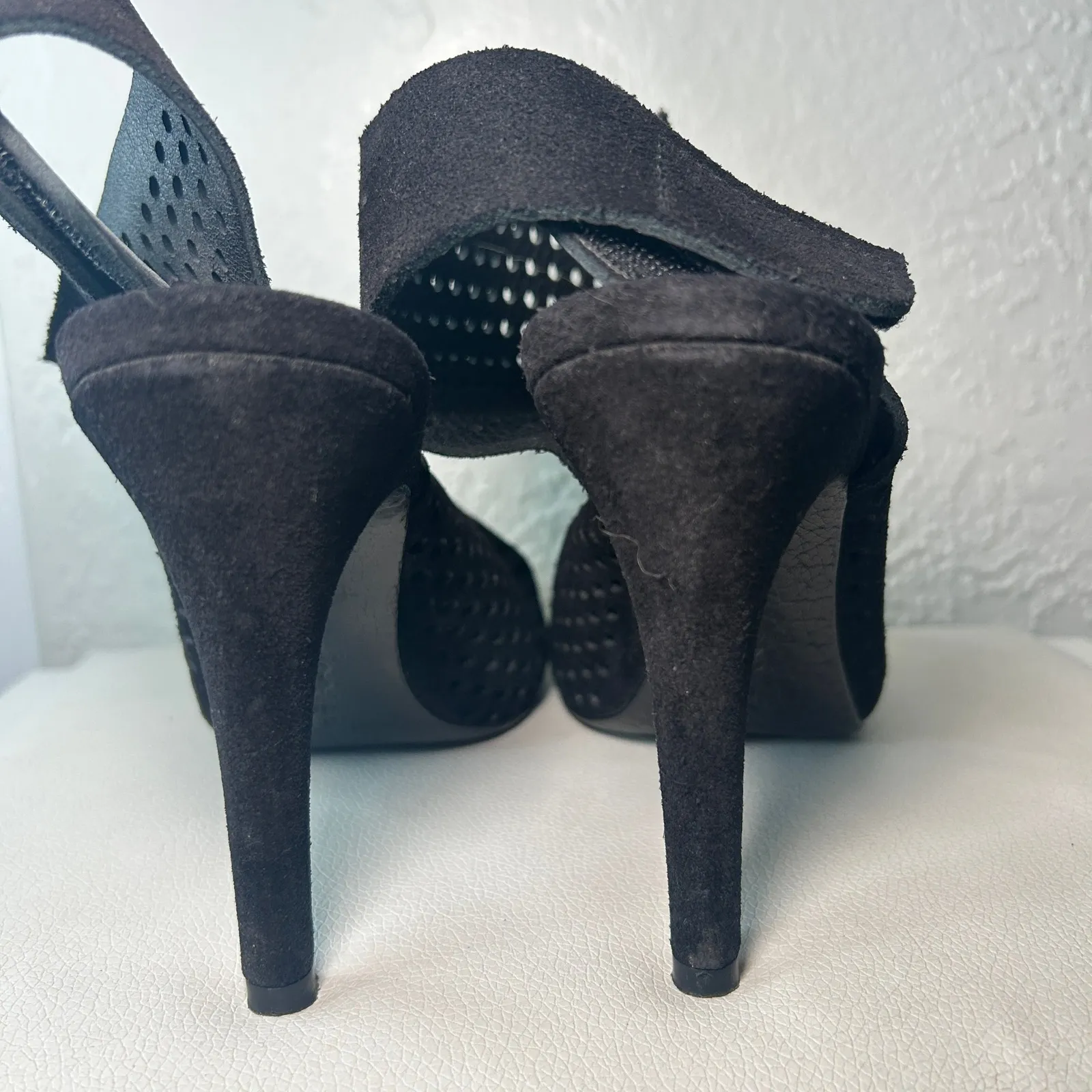 Pedro Garcia Sofia Black Suede Leather Peep Toe Heels‎ Slingback Perforated Sz 9 - Image 4