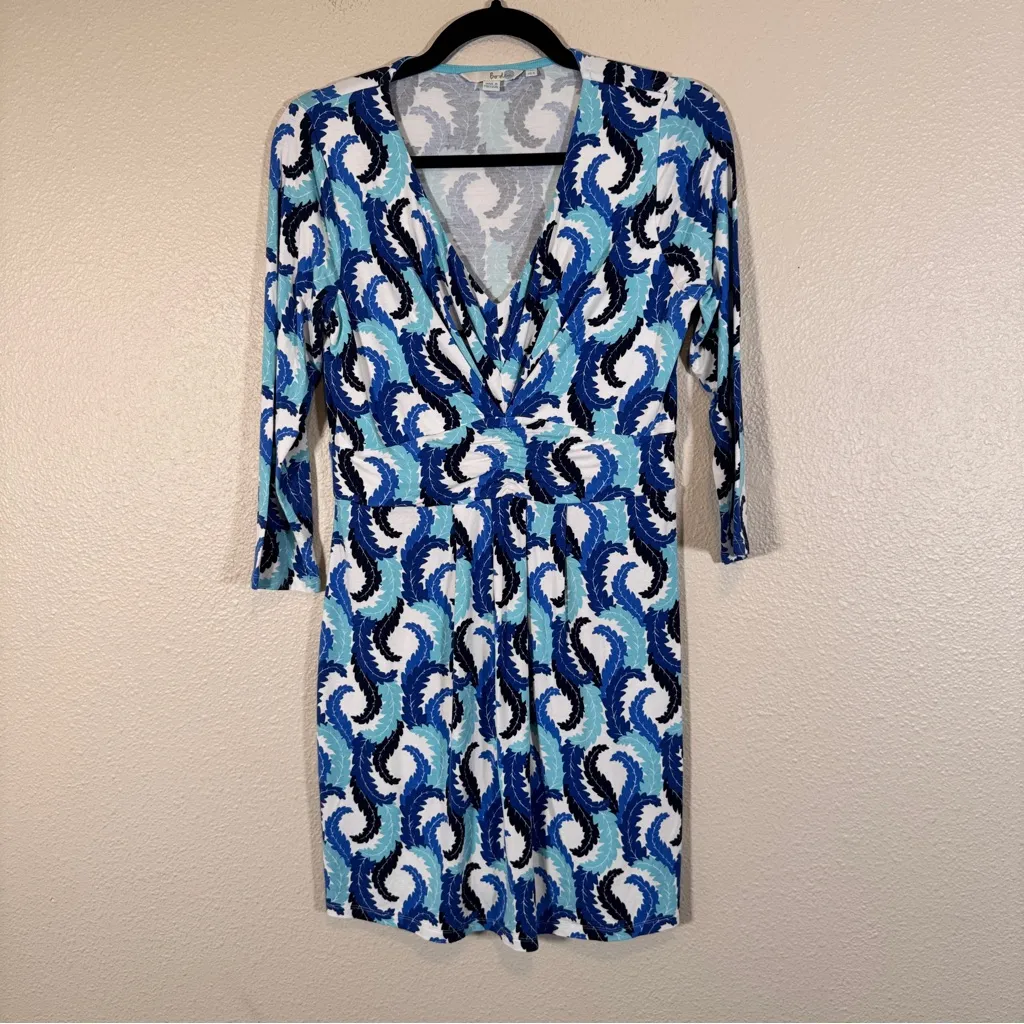 Boden White Blue Feather Print Faux Wrap Mini Dress Womens 8 3/4 Sleeve Jersey - Image 11