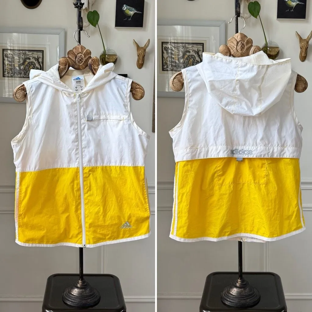 Vintage Adidas 90s Sleeveless Windbreaker Hooded Vest Yellow White M - Image 2