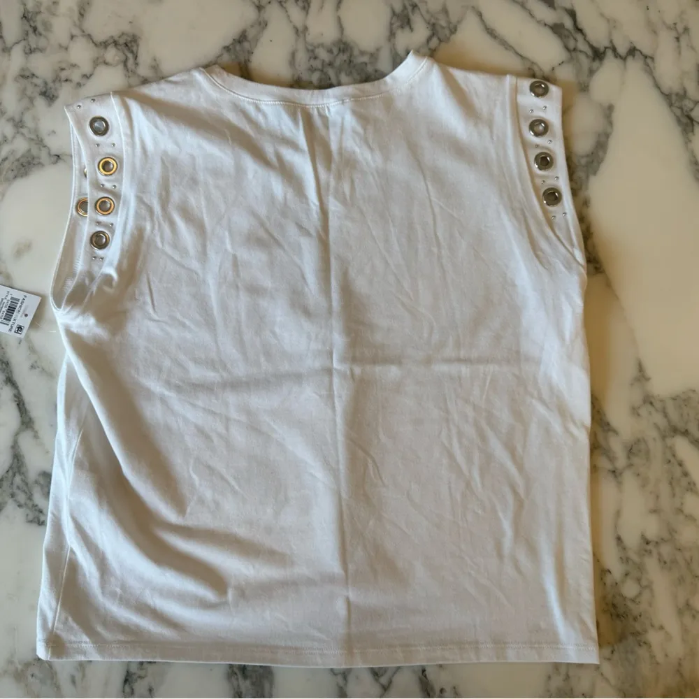 NWT Bar III White Petite Crewneck Grommet-Trim-Sleeve Top SZ Petite Small - Image 6