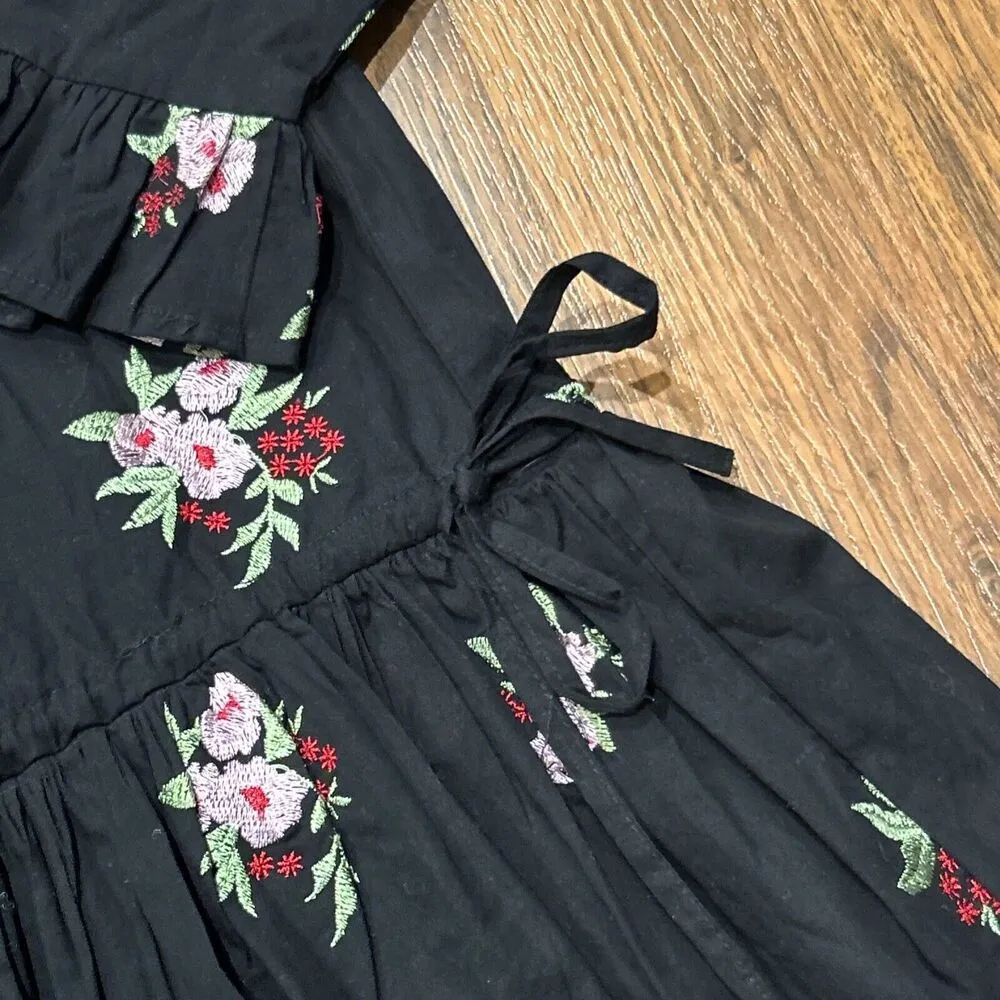 Asos Dress Womens 14 Black Floral Embroidered Mini Tunic Pink Red Tiered - Image 7