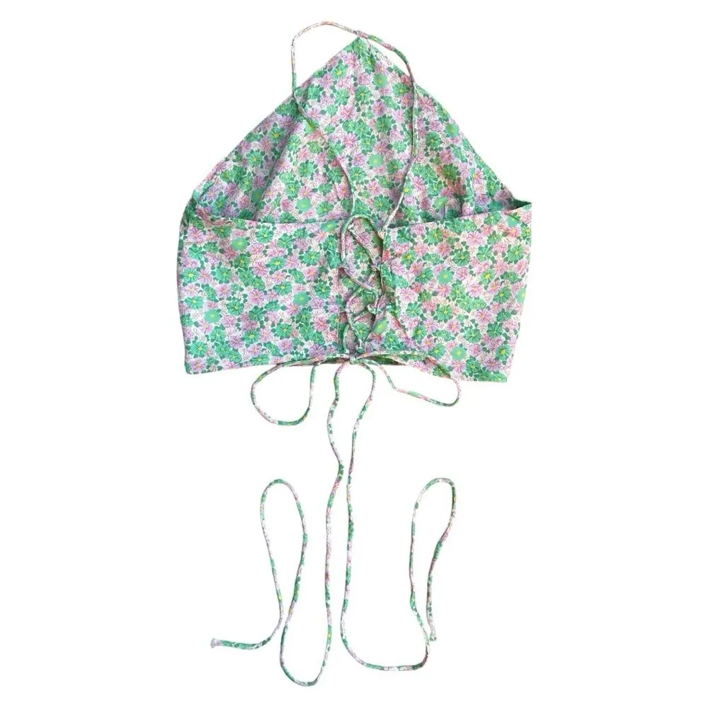 NWOT Zara Green & Pink Floral Halter Top XS Cropped Flirty Feminine sexy cute - Image 3