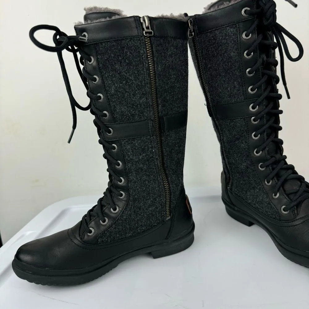 UGG Elvia Black Leather Waterproof Boots Sz 6 Knee High Lace Up Wool Lined - Image 13