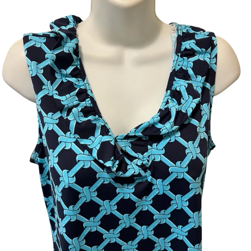 Lulu B Travel Dress Sz L Ruffle V Neck Navy Teal Print Golf Stretch Sleeveless Blue Size L - Image 2