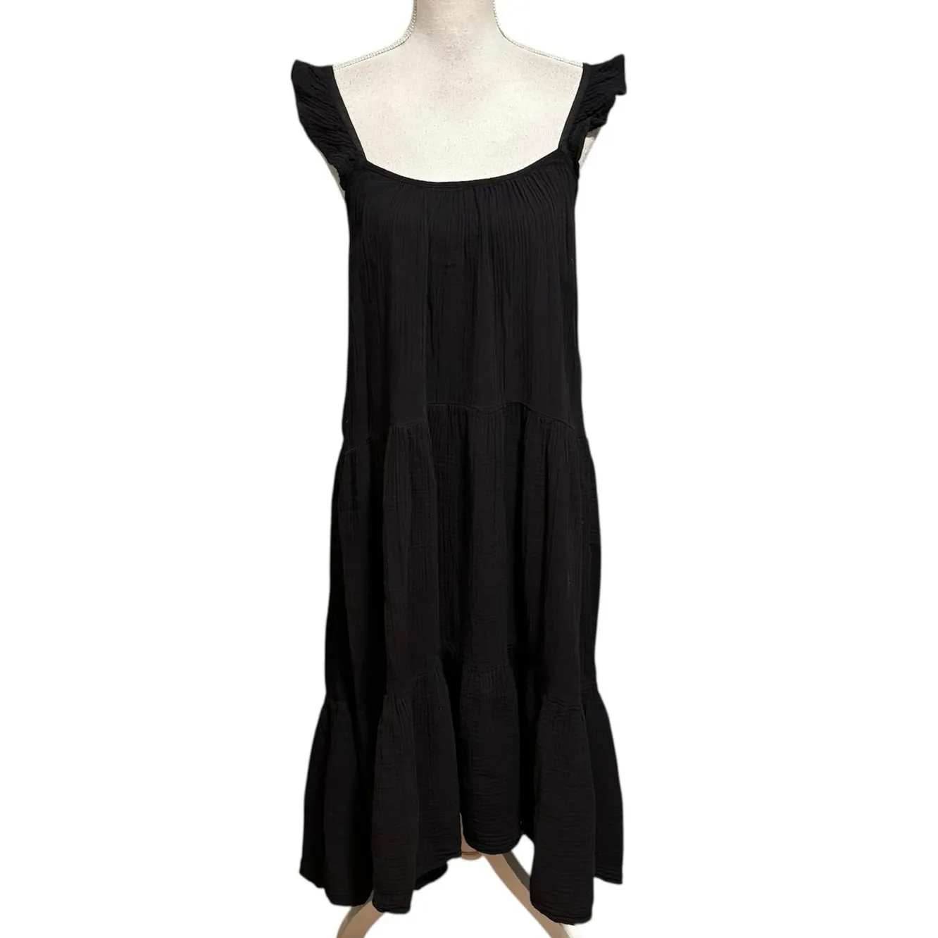 Xirena Size XS Rumer Scoop Neck Flutter Ruffle Sleeve Gauze Tiered Midi Dress Black - Image 3