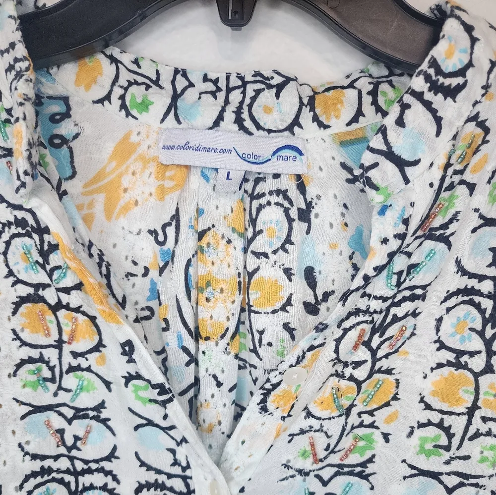 Colori di mare blue green yellow white tunic top boho size large - Image 2