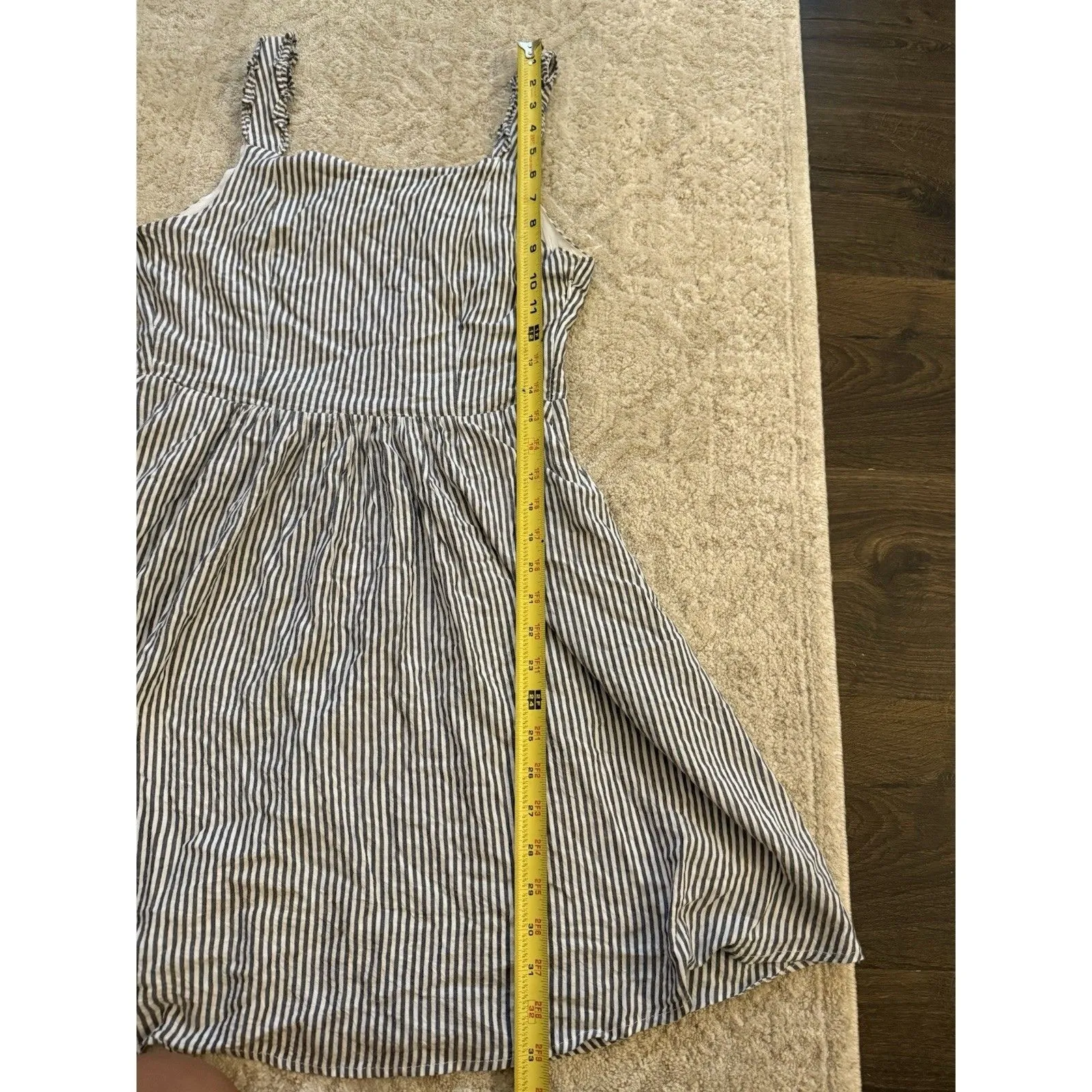 Gray & White Pinstripe Dress Size Medium Seersucker Ruffled Straps Ruched Back - Image 8