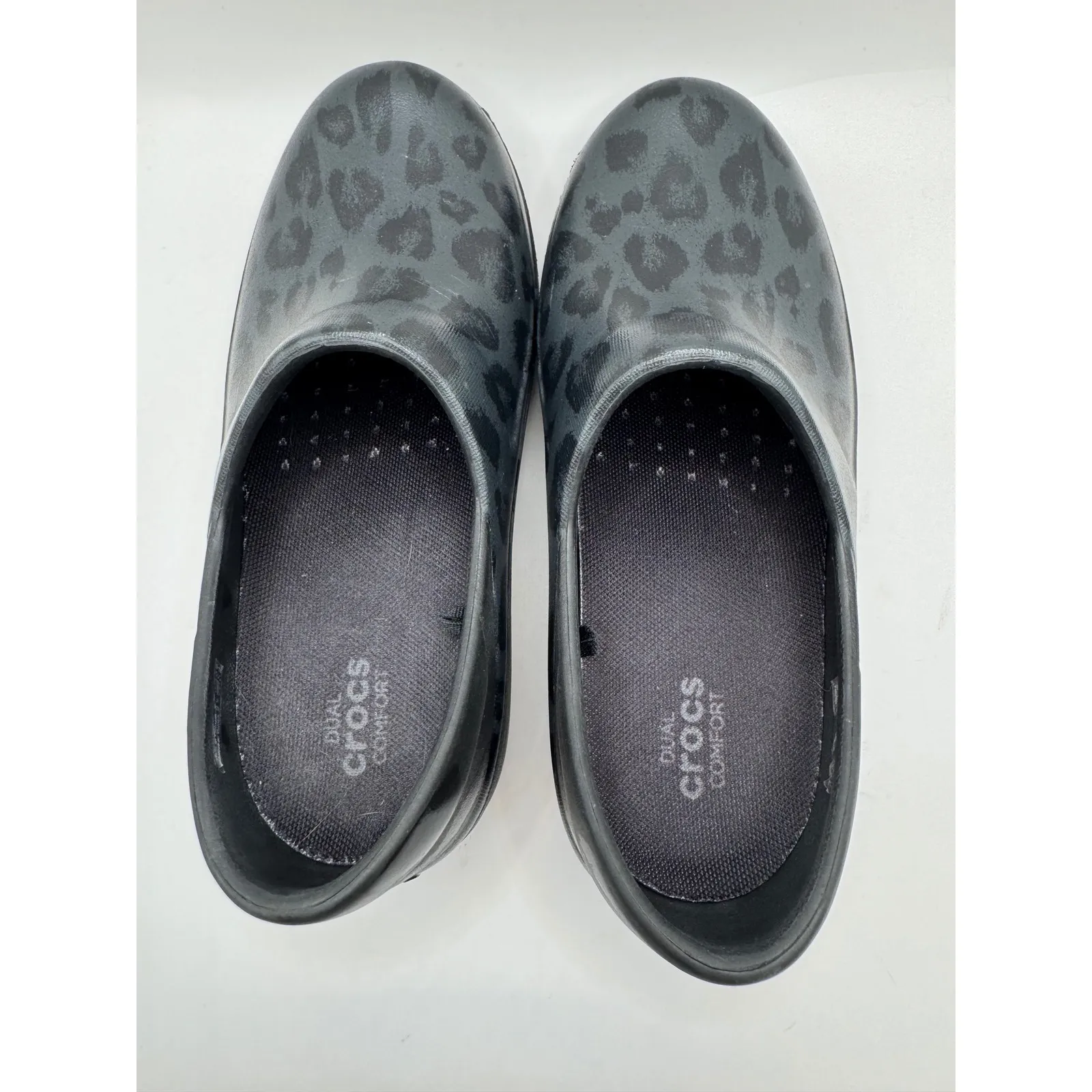 Crocs Shoes Women 5 Black Gray Leopard Neria Pro II LiteRide Work Clogs Non Slip - Image 8