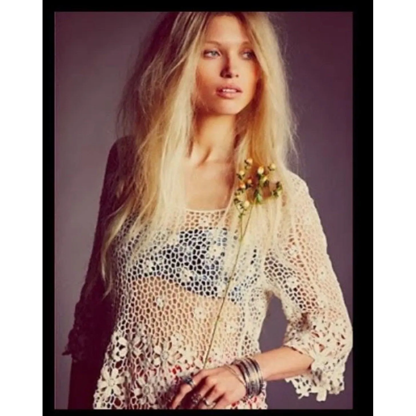 Flower Crochet Top Womens OSFM Ivory 3/4 Sleeve Boho Festival Fairy Beachy Party Size undefined - Image 4