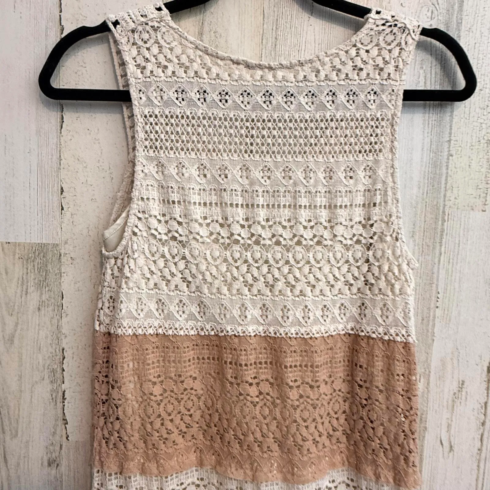C. Luce Boho Crochet Lace Dress Small Ivory Taupe Colorblock Sleeveless Festival - Image 14