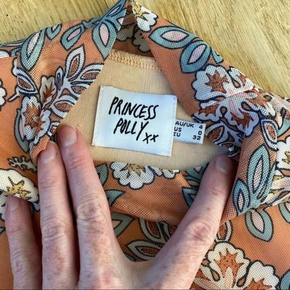 Princess Polly Floral Mesh Long Sleeve Top in Peachy Orange and Blue - Image 5