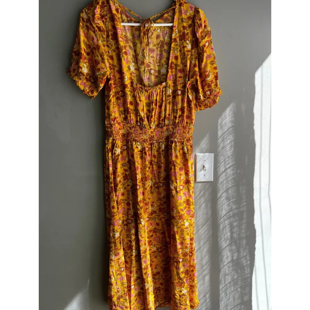 Floral Print Dress Smocked Waist Yellow Pink Rust Short Sleeve CasualFeminine - Image 8