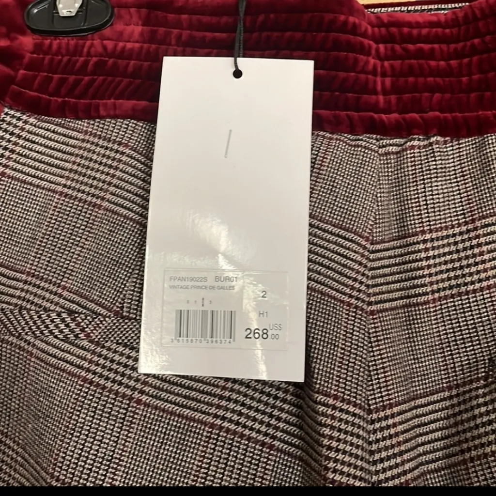 The Kooples Beige Plaid Women's Pants Maroon  Velvet Accent sz 2 med - Image 2