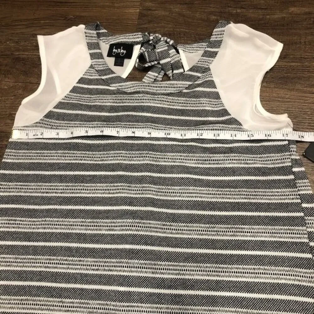 By & By Crew Neck Knit Blouse Sheer Cap Sleeves S SM Small Black White Grey Tie - Image 9